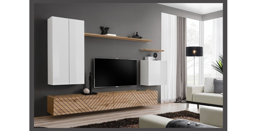 Ensemble meuble salon SWITCH II design, coloris blanc et chêne wotan. Finitions effet blanc brillant et chêne fraisé.