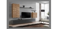 Ensemble meuble salon SWITCH II design, coloris chêne wotan et gris. Finitions effet chêne fraisé et gris brillant