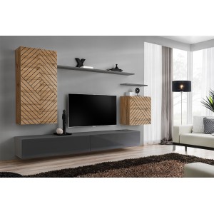 Ensemble meuble salon SWITCH II design, coloris chêne wotan et gris. Finitions effet chêne fraisé et gris brillant