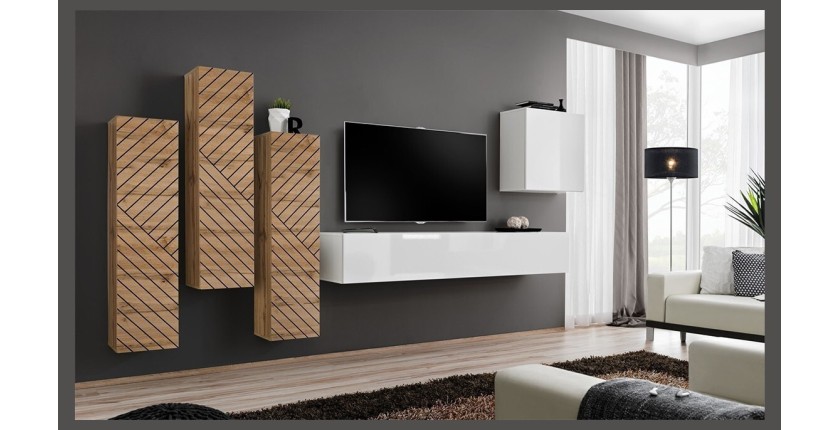 Meuble TV suspendu 180cm coloris blanc collection SWITCH. Finitions brillantes.
