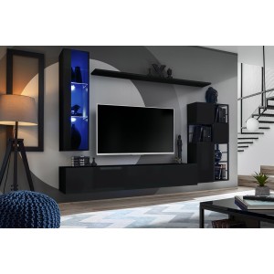 Meuble TV suspendu 180cm coloris noir collection SWITCH. Finitions brillantes.
