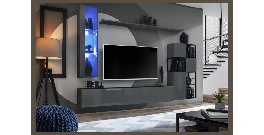 Meuble TV suspendu 180cm coloris gris collection SWITCH. Finitions brillantes.