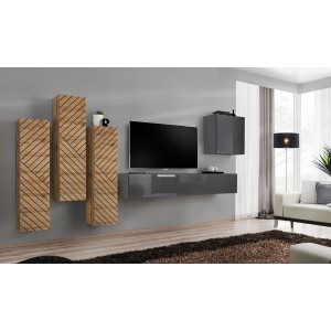 Ensemble meuble salon SWITCH III design, coloris chêne et gris. Finitions effet chêne fraisé et brillant.
