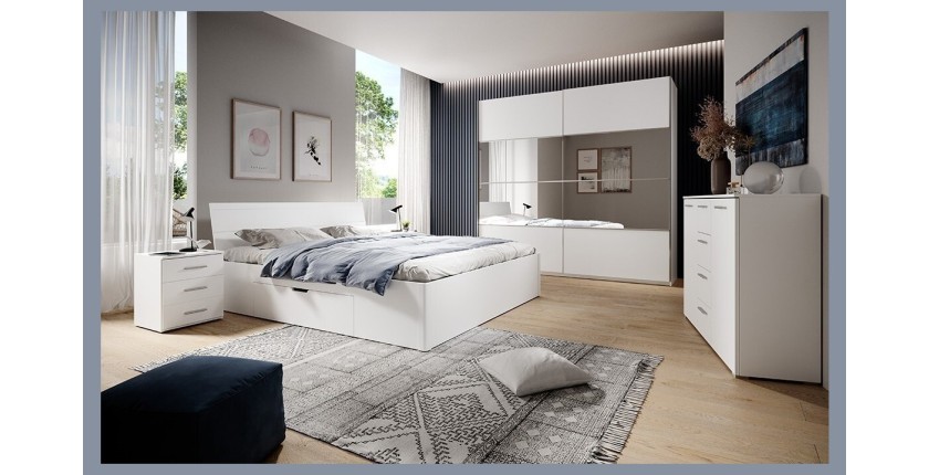 Chambre à coucher complète collection EOS : Armoire 220cm, Lit 180x200, commode, chevets. Couleur blanc mat