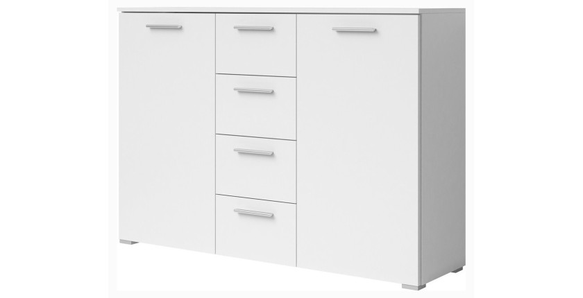 Chambre à coucher complète collection EOS : Armoire 220cm, Lit 180x200, commode, chevets. Couleur blanc mat