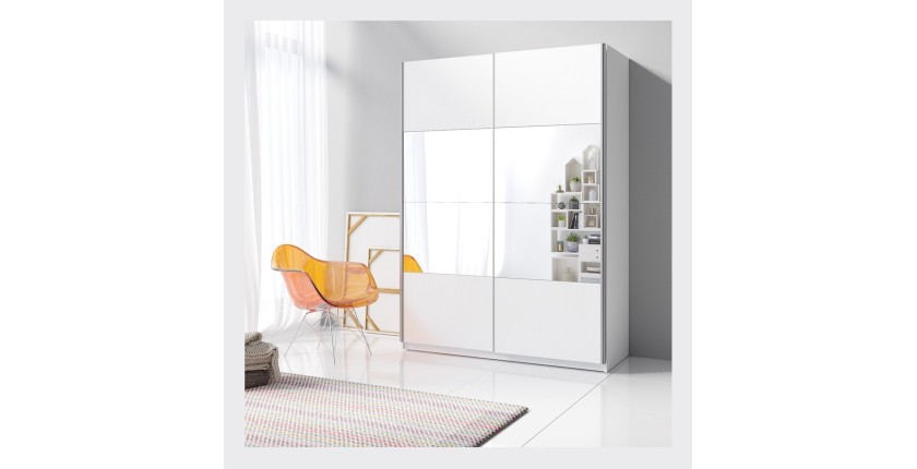 Chambre à coucher complète collection EOS : Armoire 220cm, Lit 180x200, commode, chevets. Couleur blanc mat