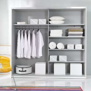 Chambre à coucher complète collection EOS : Armoire 220cm, Lit 180x200, commode, chevets. Couleur blanc mat