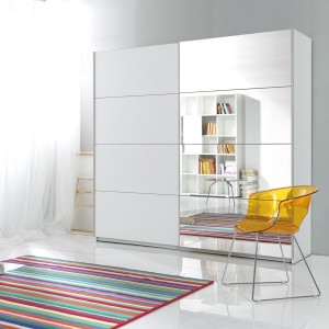 Chambre à coucher complète collection EOS : Armoire 220cm, Lit 180x200, commode, chevets. Couleur blanc mat