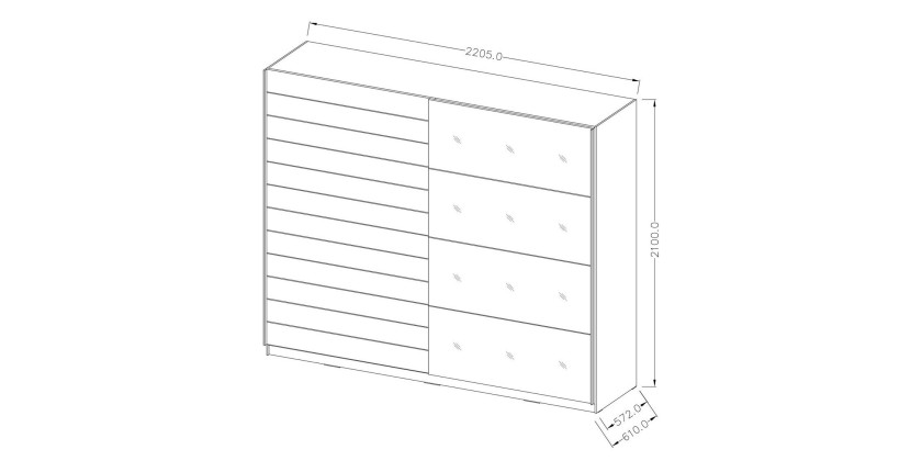 Chambre à coucher complète collection EOS : Armoire 220cm, Lit 180x200, commode, chevets. Couleur blanc mat