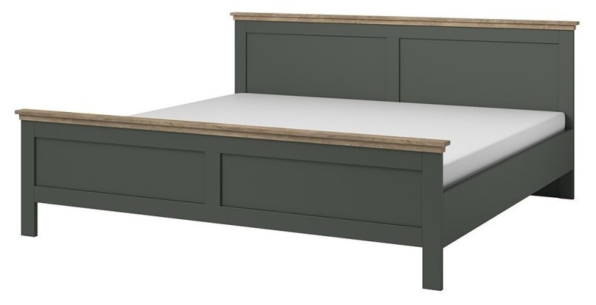Lit adulte 140x200 collection ASSIA. Coloris vert kaki et  finitions aspect chêne.