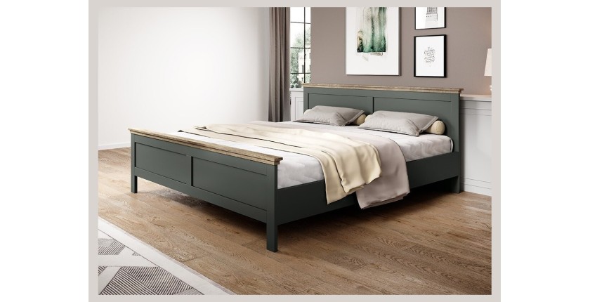 Lit adulte 140x200 collection ASSIA. Coloris vert kaki et  finitions aspect chêne.