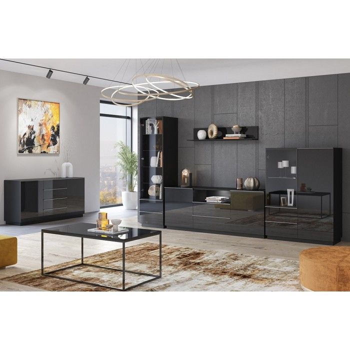 Vitrine haute, 1 porte vitrée et 2 tiroirs collection ZANTE avec LED intégrées. Coloris noir brillant pailleté.
