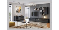 Buffet 180cm 2 portes et 2 tiroirs collection ZANTE. Coloris noir brillant pailleté. LED inclus