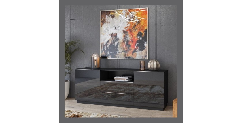 Buffet 180cm 2 portes et 2 tiroirs collection ZANTE. Coloris noir brillant pailleté. LED inclus