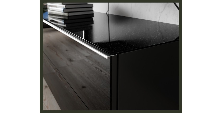 Buffet 180cm 2 portes et 2 tiroirs collection ZANTE. Coloris noir brillant pailleté. LED inclus
