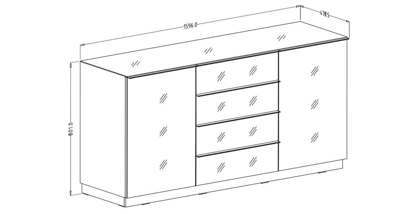 Buffet 160cm 2 portes et 4 tiroirs collection ZANTE. Coloris noir brillant pailleté.