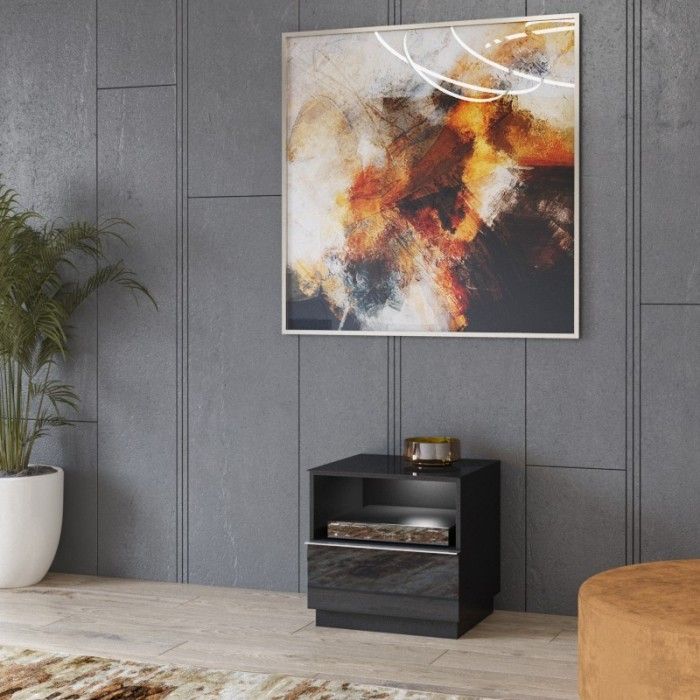 Petit Meuble TV ou meuble d'appoint 50cm collection ZANTE avec 1 tiroir et une niche avec LED. Couleur noir brillant pailleté