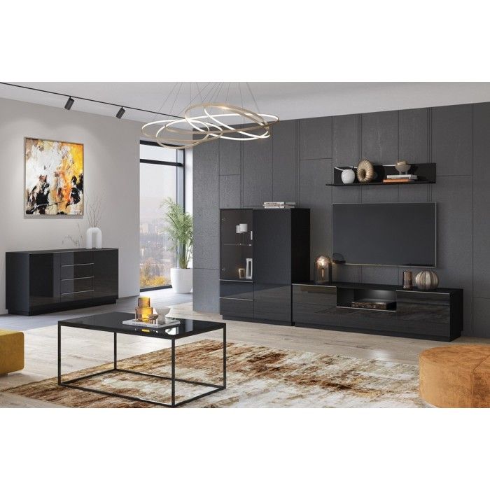 Meuble TV 180cm collection ZANTE avec 2 portes et 1 tiroir. LED incluses. Couleur noir brillant pailleté