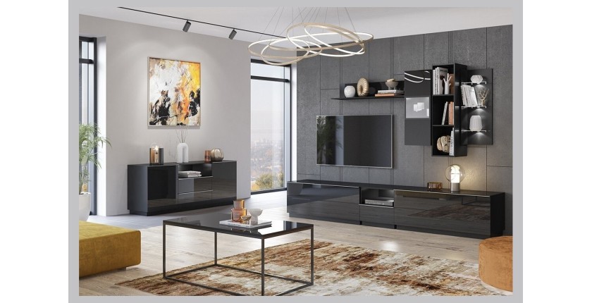 Table basse design collection ZANTE. Couleur noir brillant pailleté.