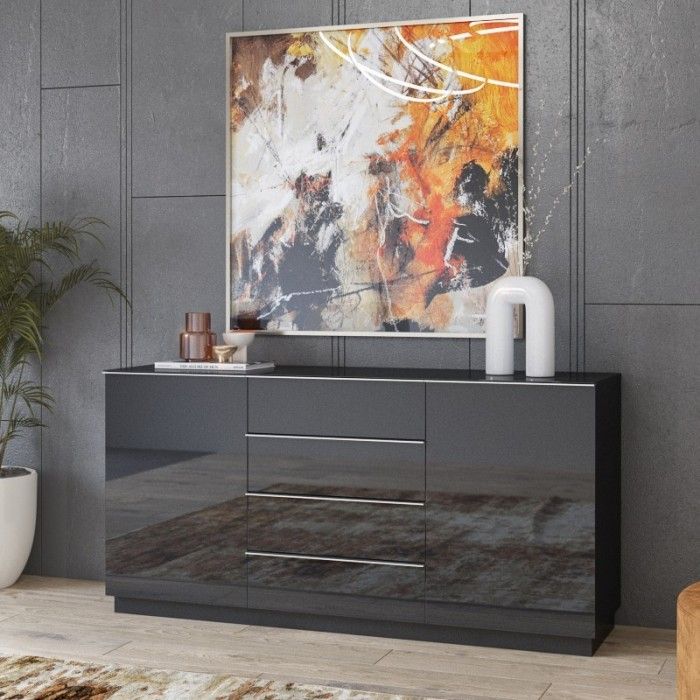 Ensemble de 6 meubles de salon collection ZANTE. Couleur noir brillant pailleté.
