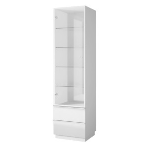 Vitrine haute, 1 porte vitrée et 2 tiroirs collection ZANTE avec LED intégrées. Coloris blanc brillant.