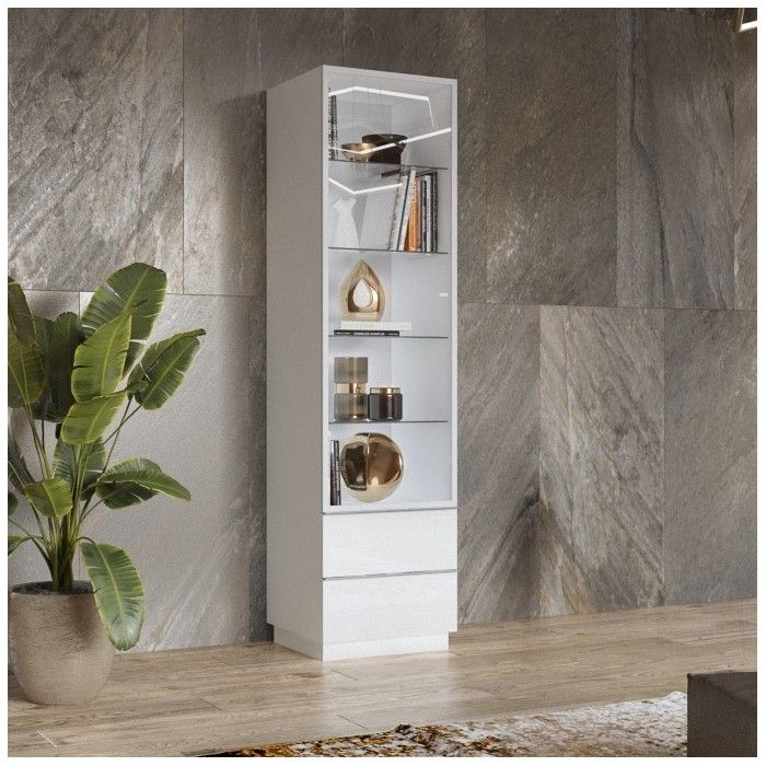 Vitrine haute, 1 porte vitrée et 2 tiroirs collection ZANTE avec LED intégrées. Coloris blanc brillant.