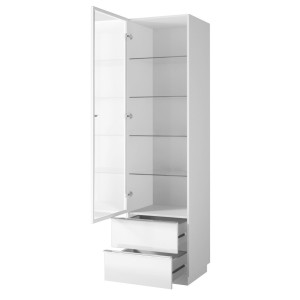 Vitrine haute, 1 porte vitrée et 2 tiroirs collection ZANTE avec LED intégrées. Coloris blanc brillant.