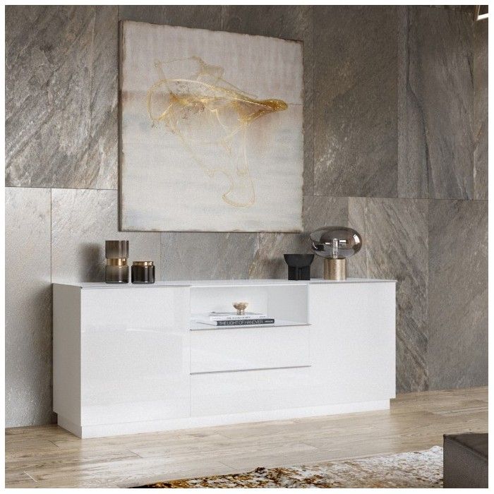 Buffet 180cm 2 portes et 2 tiroirs collection ZANTE. Coloris blanc brillant. LED incluses