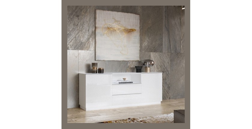 Buffet 180cm 2 portes et 2 tiroirs collection ZANTE. Coloris blanc brillant. LED incluses