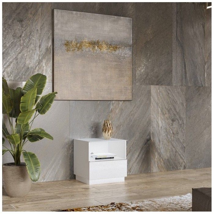 Petit Meuble TV ou meuble d'appoint 50cm collection ZANTE avec 1 tiroir et une niche avec LED. Couleur blanc brillant.