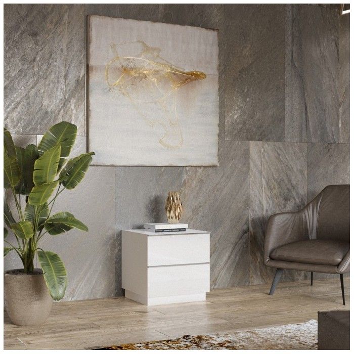 Petit Meuble TV ou meuble d'appoint 50cm collection ZANTE avec 2 tiroirs. Couleur blanc brillant.