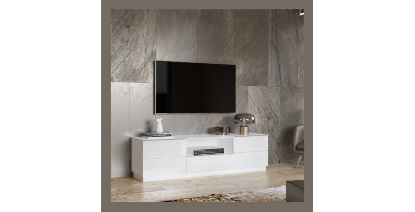 Meuble TV 180cm collection ZANTE avec 2 portes et 1 tiroir. LED incluses. Couleur blanc brillant.