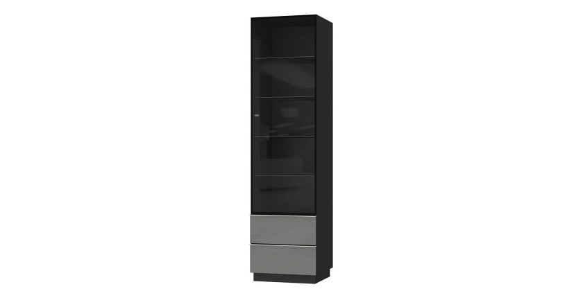 Vitrine haute, 1 porte vitrée et 2 tiroirs collection ZANTE avec LED intégrées. Coloris noir et gris brillant.
