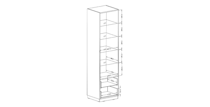 Vitrine haute, 1 porte vitrée et 2 tiroirs collection ZANTE avec LED intégrées. Coloris noir et gris brillant.
