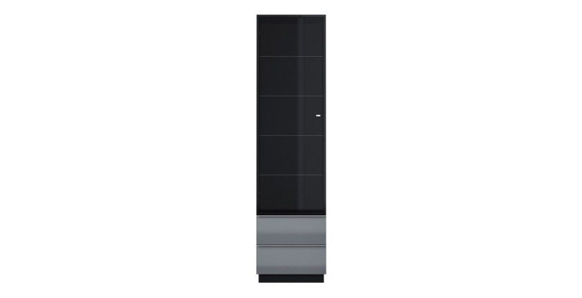 Vitrine haute, 1 porte vitrée et 2 tiroirs collection ZANTE avec LED intégrées. Coloris noir et gris brillant.
