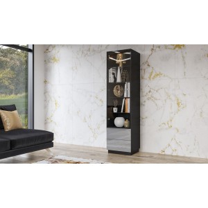 Vitrine haute, 1 porte vitrée et 2 tiroirs collection ZANTE avec LED intégrées. Coloris noir et gris brillant.
