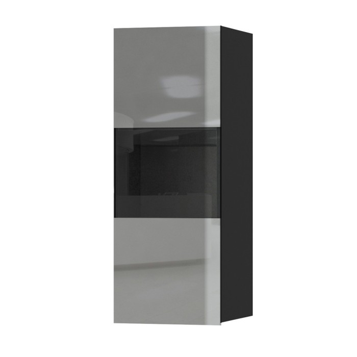 Vitrine suspendue, 1 porte vitrée avec LED intégrée collection ZANTE. Coloris noir et gris brillant.