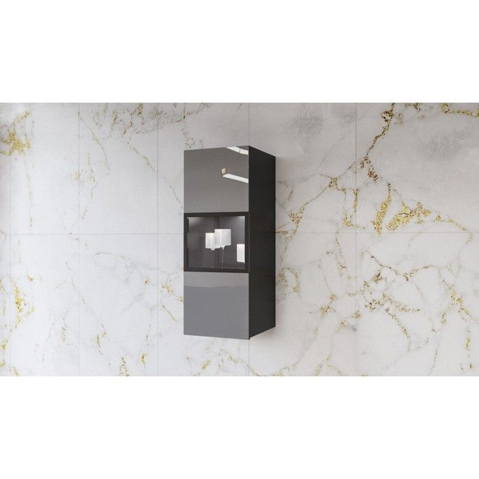 Vitrine suspendue, 1 porte vitrée avec LED intégrée collection ZANTE. Coloris noir et gris brillant.