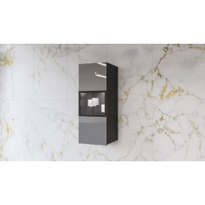 Vitrine suspendue, 1 porte vitrée avec LED intégrée collection ZANTE. Coloris noir et gris brillant.