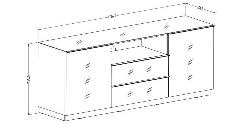 Buffet 180cm 2 portes et 2 tiroirs collection ZANTE. Coloris noir et gris brillant. LED incluses