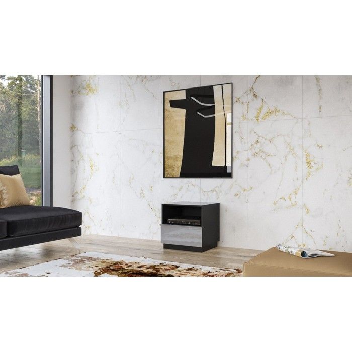 Petit Meuble TV ou meuble d'appoint 50cm collection ZANTE avec 1 tiroir et une niche avec LED. Couleur noir et gris brillant.