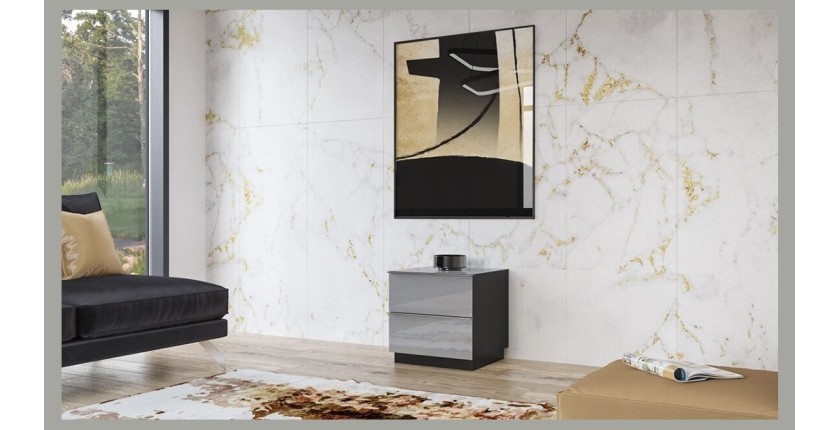 Petit Meuble TV ou meuble d'appoint 50cm collection ZANTE avec 2 tiroirs. Couleur noir et gris brillant.