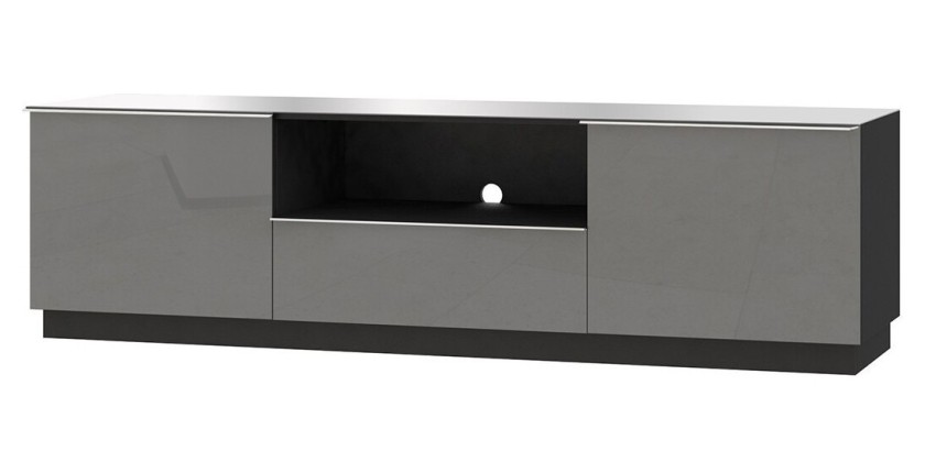 Meuble TV 180cm collection ZANTE avec 2 portes et 1 tiroir. LED incluses. Couleur noir et gris brillant.