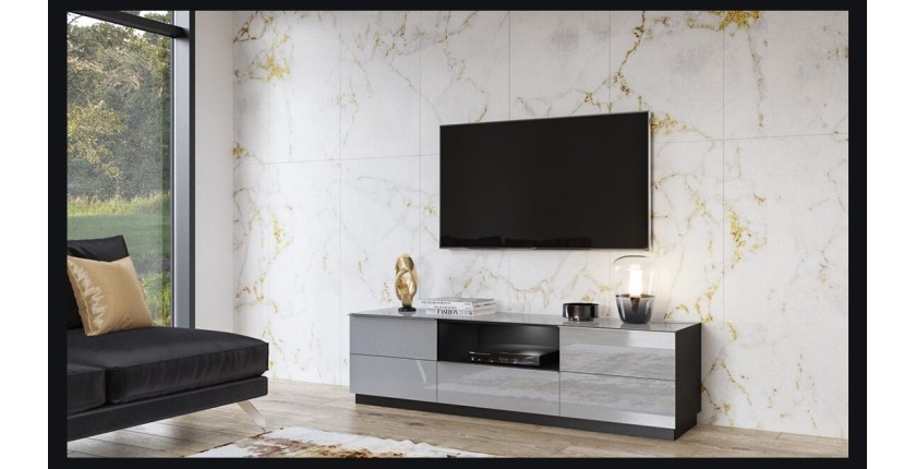 Meuble TV 180cm collection ZANTE avec 2 portes et 1 tiroir. LED incluses. Couleur noir et gris brillant.