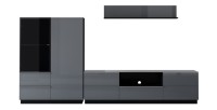Ensemble meuble TV, buffet haut et étagère collection ZANTE. Couleur noir et gris brillant.
