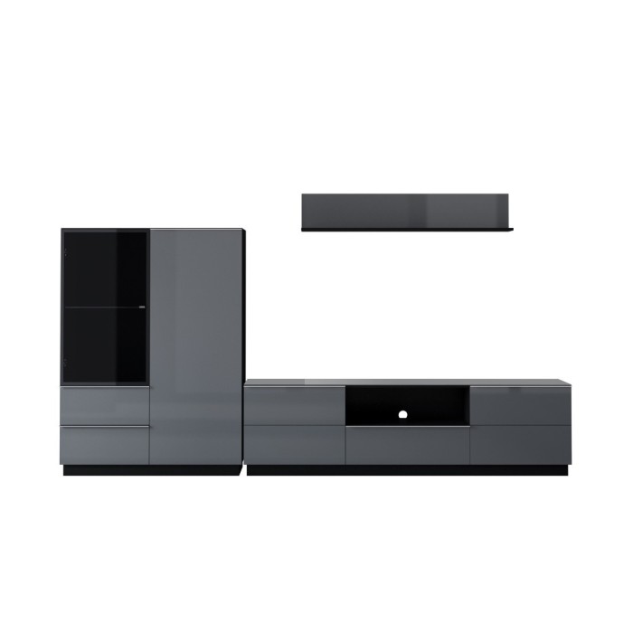 Ensemble meuble TV, buffet haut et étagère collection ZANTE. Couleur noir et gris brillant.