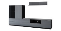 Ensemble meuble TV, buffet haut et étagère collection ZANTE. Couleur noir et gris brillant.