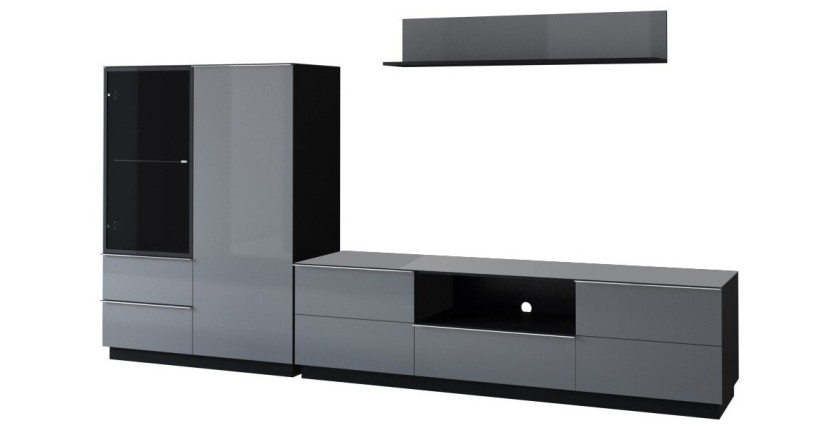 Ensemble meuble TV, buffet haut et étagère collection ZANTE. Couleur noir et gris brillant.