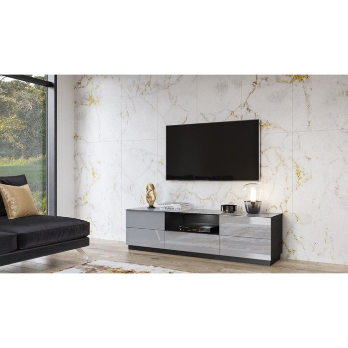 Ensemble meuble TV, buffet haut et étagère collection ZANTE. Couleur noir et gris brillant.