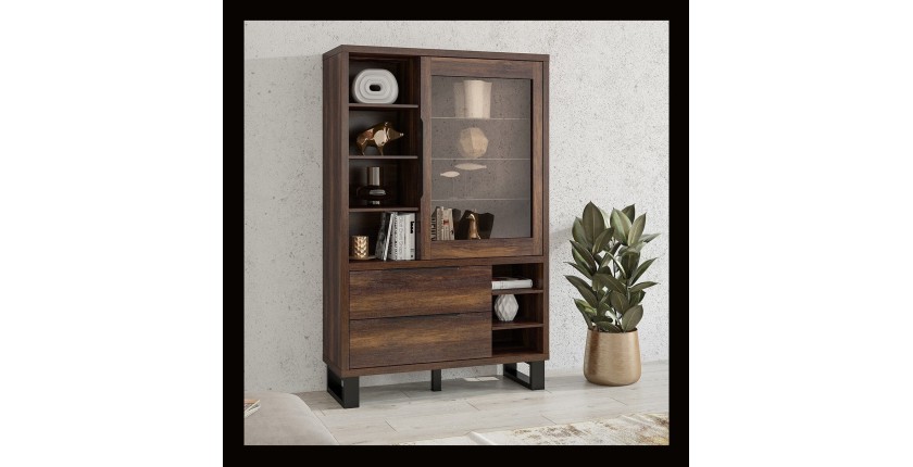 Vitrine, argentier, vaisselier coloris chêne foncé collection MILO. Pieds en métal noir.